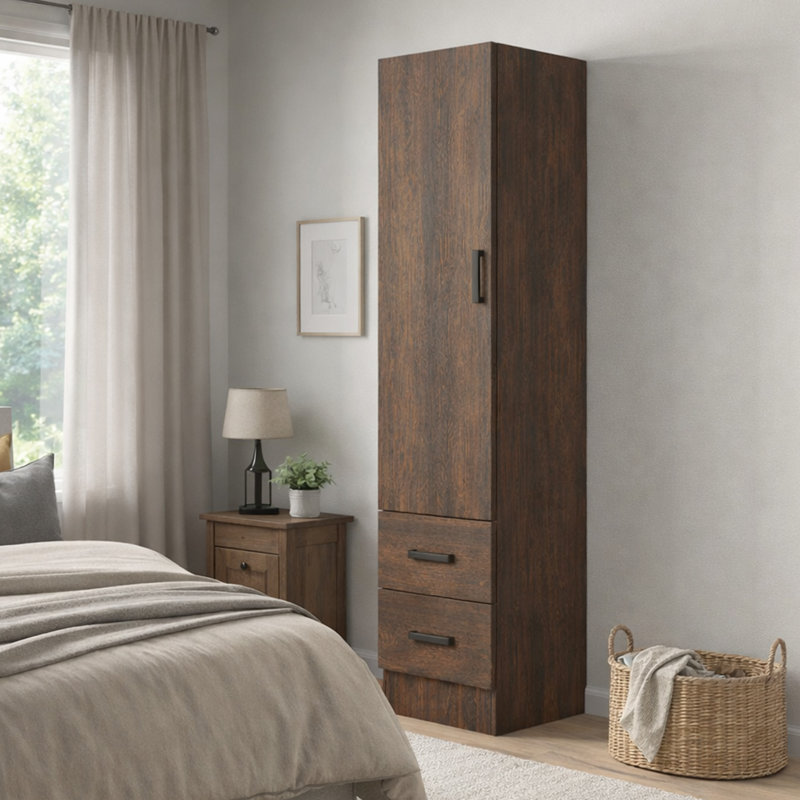 Armoire garde-robe avec 2 tiroirs et une porte pouvant s'ouvrir de la gauche ou de la droite., Brun rustique