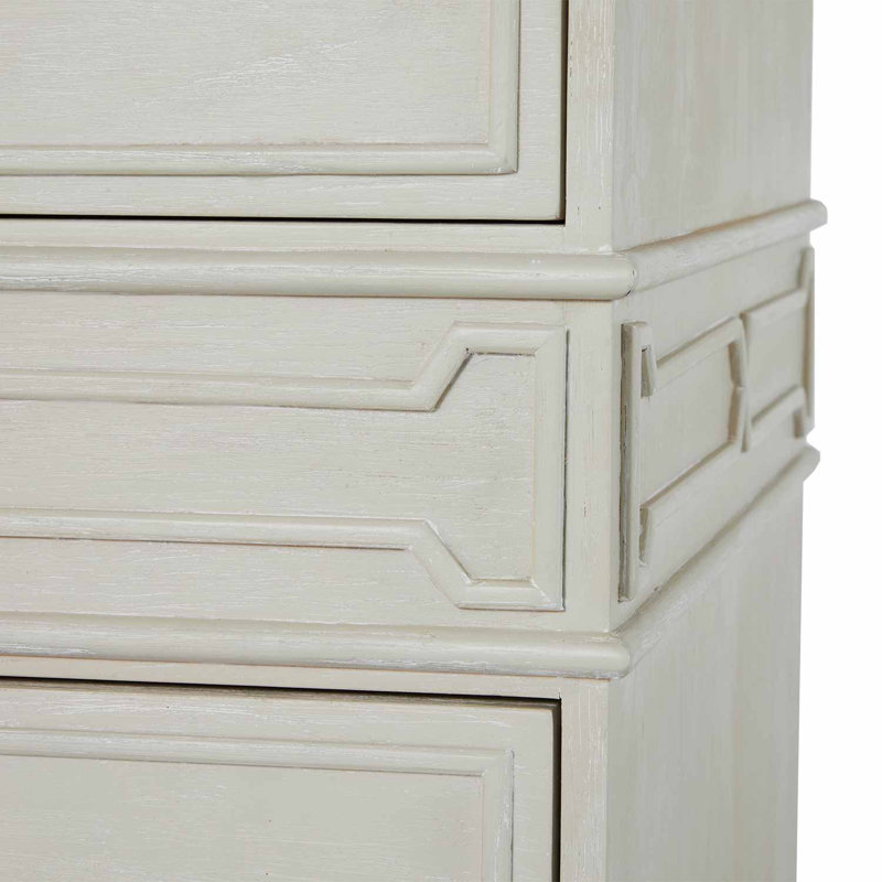 Cerused White Tallboy Chest with Marble Top and Brass Pulls