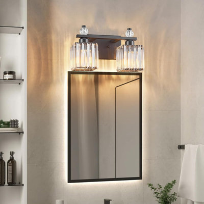 Modern Crystal Bathroom Vanity Light Fixture With K9 Crystal Shade And Black Finish For Over Mirror Lighting
