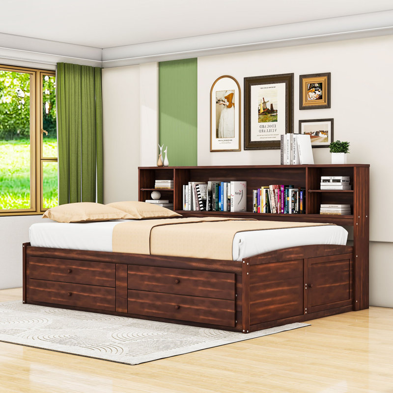 Full Wood and MDF Captain Bed with 4 Drawer Storage, Cabinets and Shelves