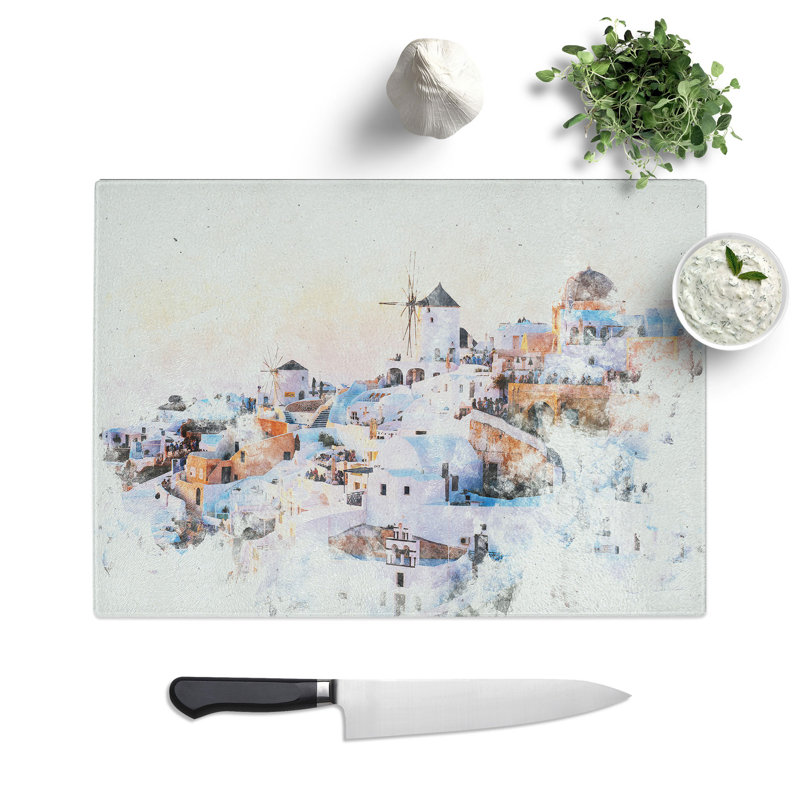 Tempered Glass Oia Santorini Skyline in Greece Chopping Board, 28.5 cm x 39 cm