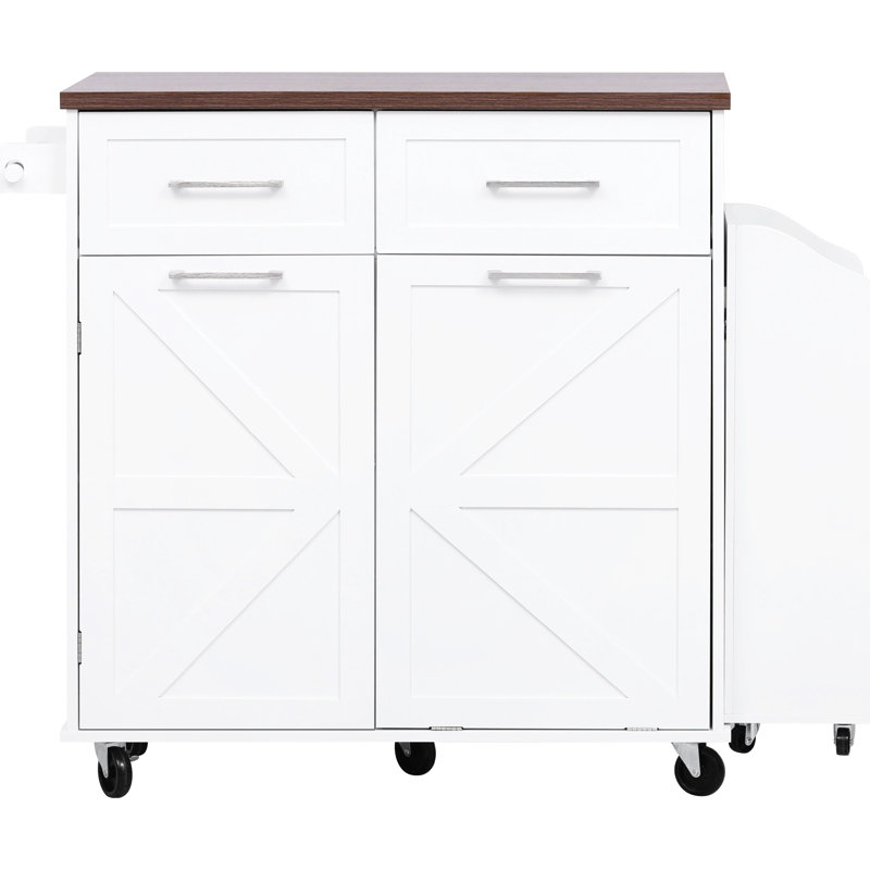 White 47.2-Inch Kitchen Island With Drop Leaf, Two Drawers, And 3 Pot Organizer - Removable Side Shelf, 9 Wheels, Trash Can Cabinet Cart Universal Towel Rack Style, Adjustable Shelf
