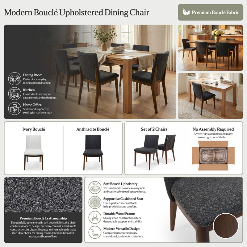 Modern Boucle Upholstered Dining Chair, Fully Assembled, Anthracite
