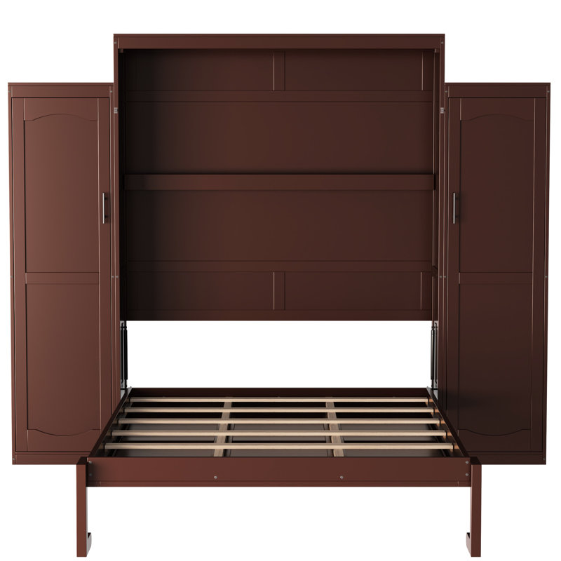 Grand lit en noyer avec 2 garde-robes de rangement intégrées et tablettes pliantes, plateforme multifonctionnelle pour chambre à coucher, étagère de rangement spacieuse, chambre d'amis pliable