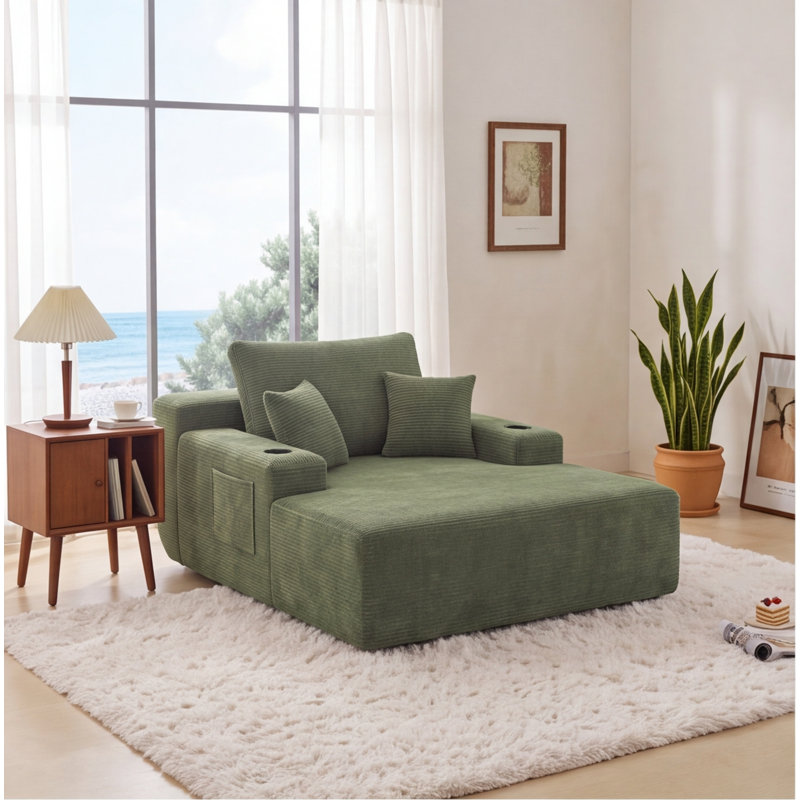 Méridienne convertible en velours côtelé vert avec porte-gobelet, accoudoirs larges et coussins décoratifs - canapé-lit sans assemblage pour le salon