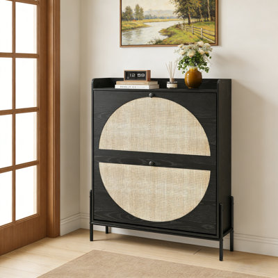 Rattan Shoe Storage Cabinet with 2 Flip Drawers for Narrow Entryway