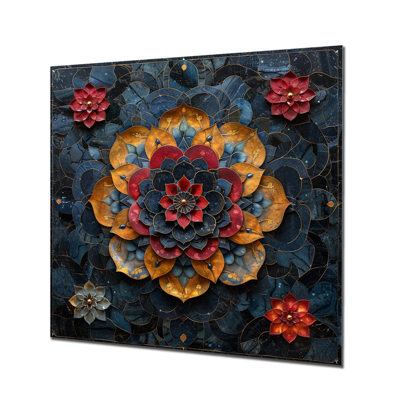 Fleur de lotus rouge, pétales dorés - mandala boho, Métal métal, H 36 po x l 36 po x P 1,5 po