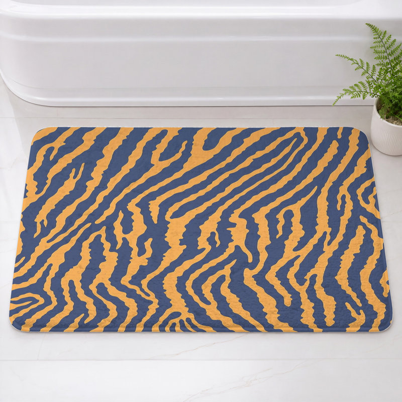 Tapis de bain Tiger, L 34 po x L 21 po, Bleu foncé / orange moyen