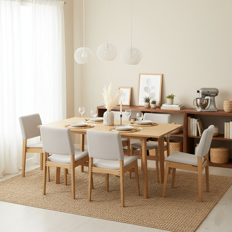 Ensemble de table de salle à manger 7 pièces en bois massif avec chaises rembourrées empilables pour la cuisine et la salle à manger