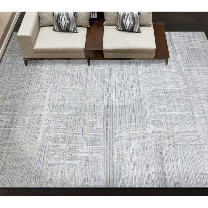 Tapis rectangulaire gris en laine / viscose tissé à la main, Rectangle 6 pi x 9 pi