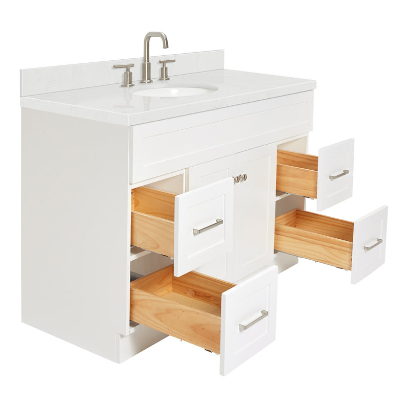 Abell 48.25'' Bathroom Vanity with Carrara Quartz Top, Brushed Nickel, White