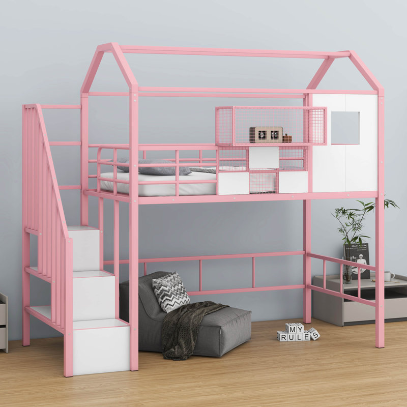 Metal Twin Size Loft Bed Frame With A Storage Box And Stairs, Pink