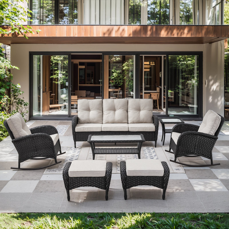 Gaetanino 7-Piece Patio Conversation Set with Rocking Chairs & Ottomans, Beige, Black