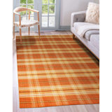 Yellow Flat Weave Wool Tartan Kilim Geometric Modern Contemporary Carpet Rug
