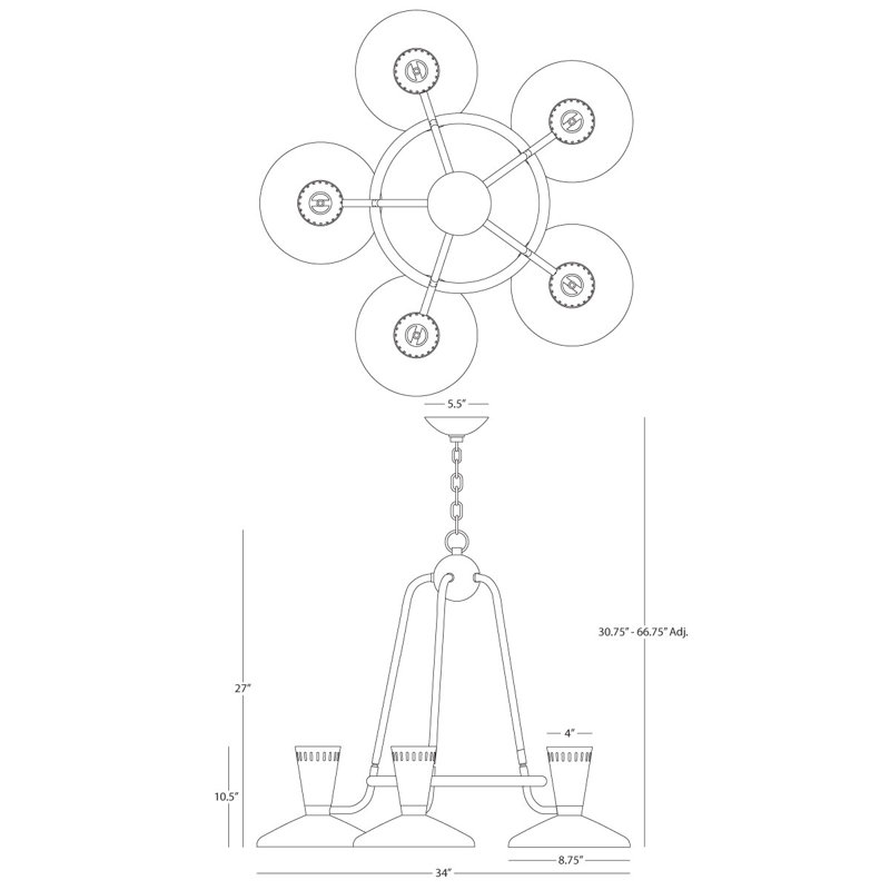 Lustre en roue de chariot à 6 lumières Vortex, Laiton moderne, H 30 po x l 34 po x P 34 po, 5