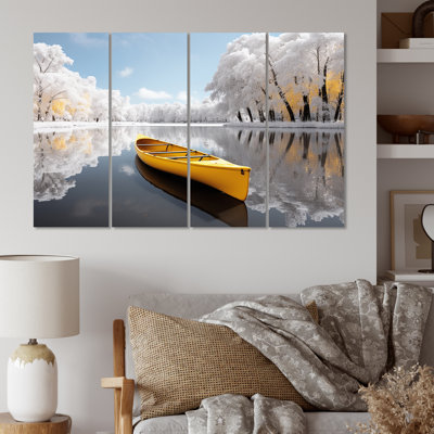 Jaune et gris Winter Lake II - Winter Landscape, ensemble de reproduction d'art en métal