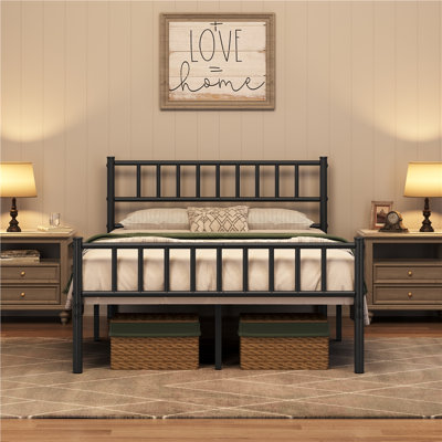 Minimalist Metal Bed Frame with Slatted Headboard