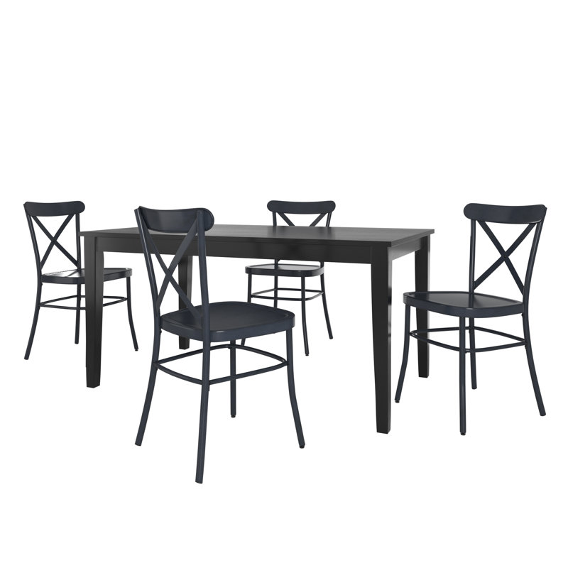 Deshandra 60" Finish Dining Set - 5-Piece, Black Dining Table And X-Cross Metal Chairs, Antique Denim