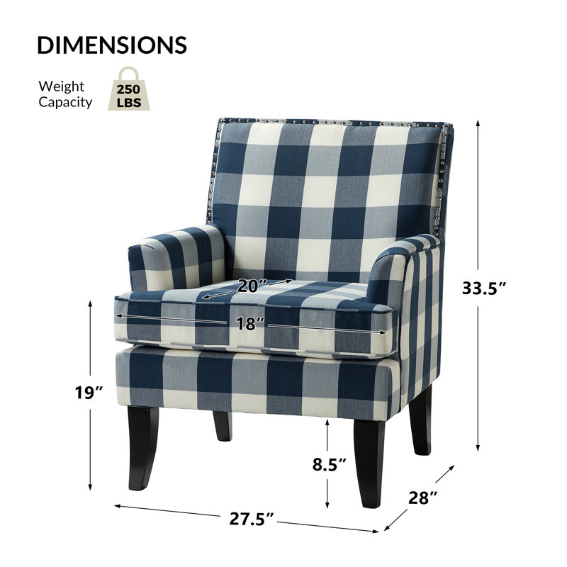 Fauteuil rembourré de 27,15 po de largeur avec garniture cloutée Iliana, Navy Check Polyester Blend