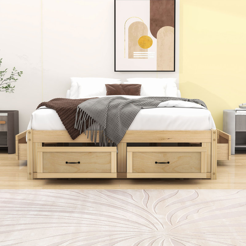 Lit plateforme en bois avec 6 tiroirs de rangement, Naturel antique, Grand