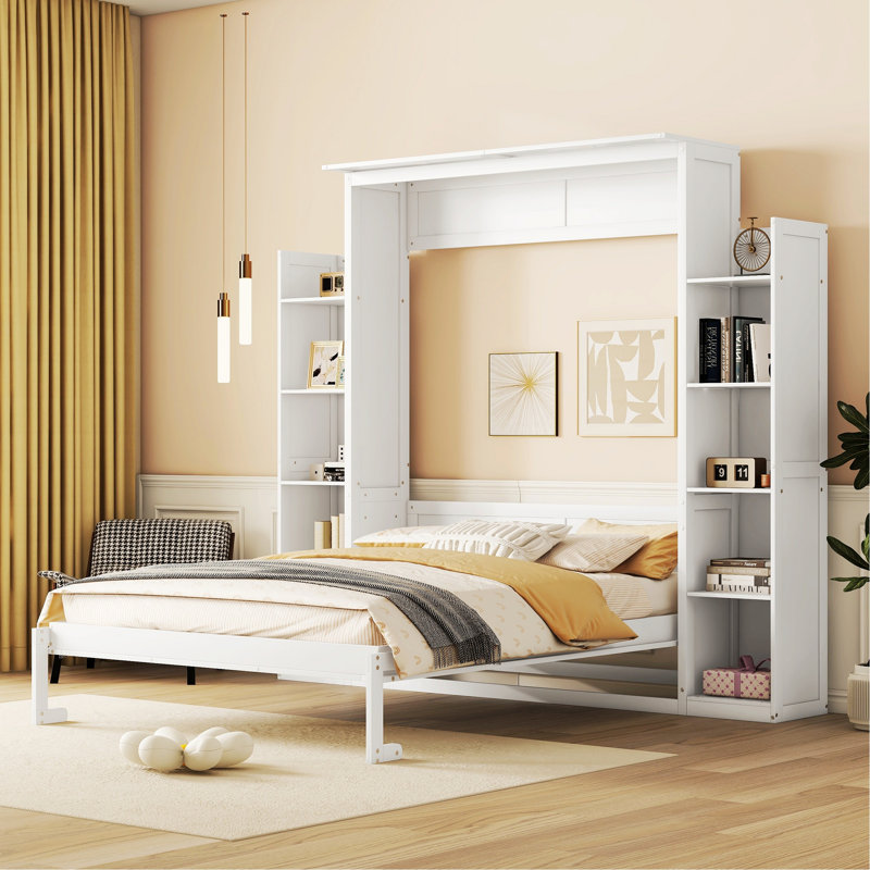 Lit escamotable, lit escamotable avec tablettes et lumières DEL pour la chambre à coucher, Blanc