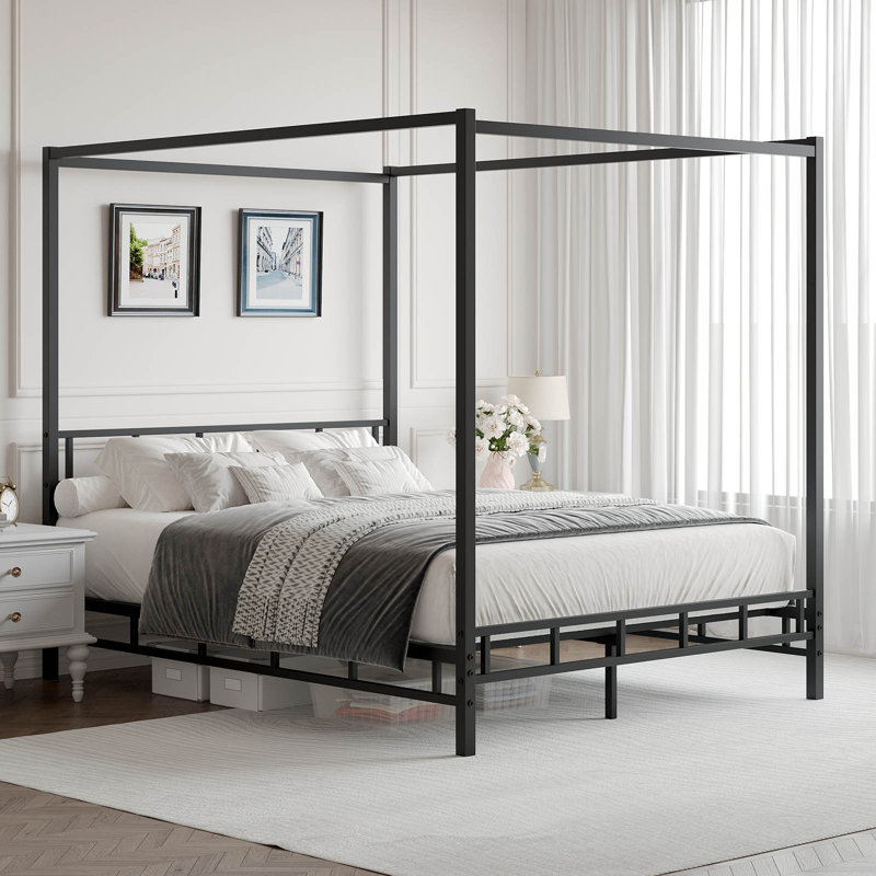 Structure de lit à baldaquin double avec tête et pied de lit, plateforme de sommier avec support à lattes en métal, aucun sommier requis, assemblage facile