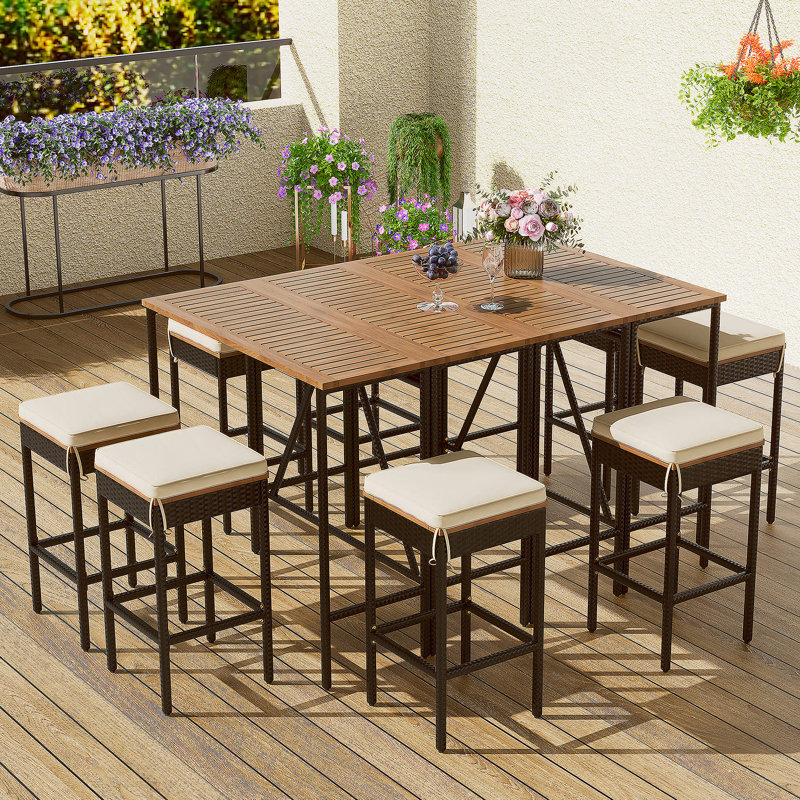 10-Piece Outdoor Acacia Wood Bar Height Table And Eight Stools With Cushions, PE Rattan