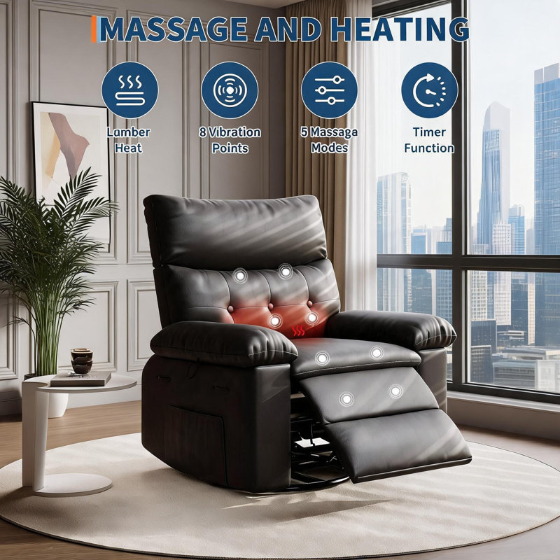 Fauteuil inclinable, berçant et pivotant, chauffant et massant, Noir