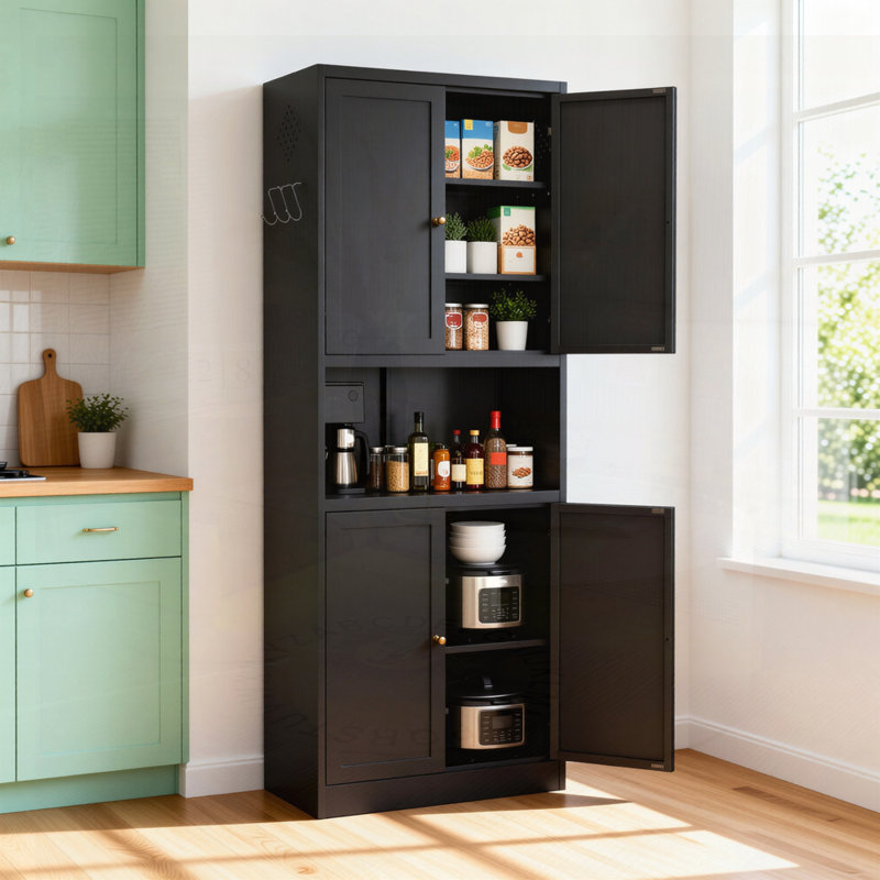 Armoire de rangement en acier noir avec grand comptoir, tablettes réglables et crochets