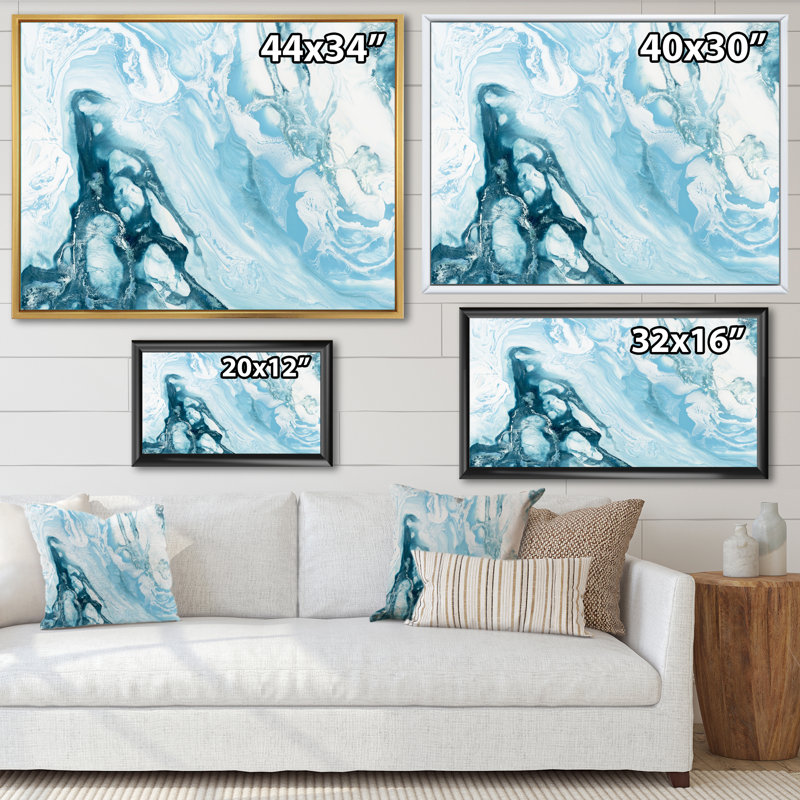 Vague bleue liquide - peinture sur toile, Cadre flottant doré, H 34 po x l 44 po