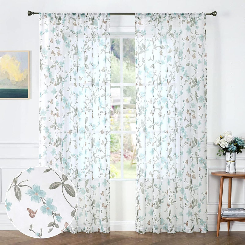 Sheer Floral Curtain Butterfly Printed Bedroom Curtains Rod Pocket Voile Faux Linen Short Window Curtain For Living  Set Of 2 Panels
