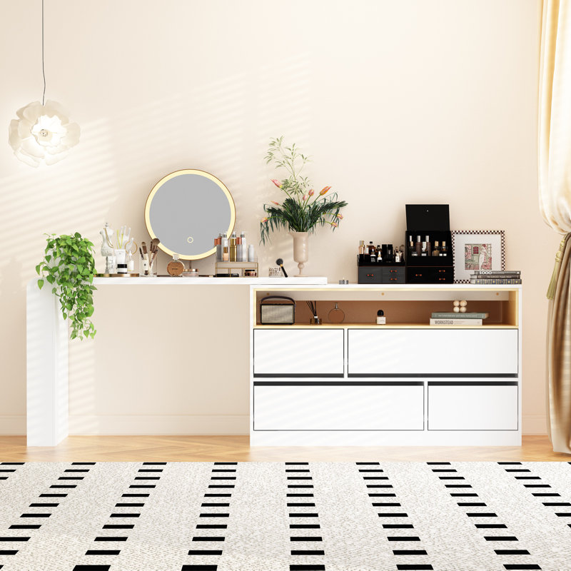 Ballal 4 Drawer Convertible Vanity Table with Side Shelves, White