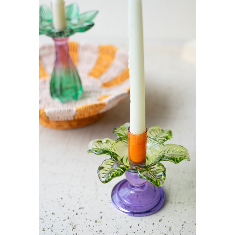  Set of Two Taper Candle Holders, Multicolor Glass Flower Design, Decorative Tabletop Decor