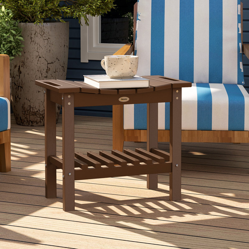 Outdoor Side Table, 2-Tier Shower Bench with Non-Slip Pads and Handles, HDPE Weather Resistant Patio End Table for Patio, Pool, Porch