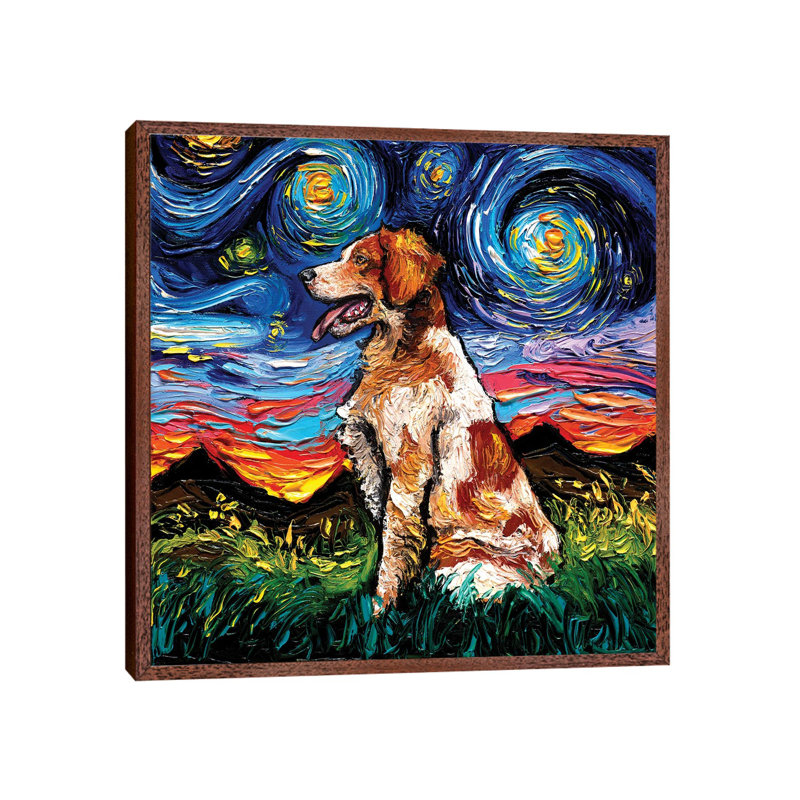Brittany Spaniel Night by Aja Trier - Painting on Canvas, White Framed, 93.98 cm H x 93.98 cm W