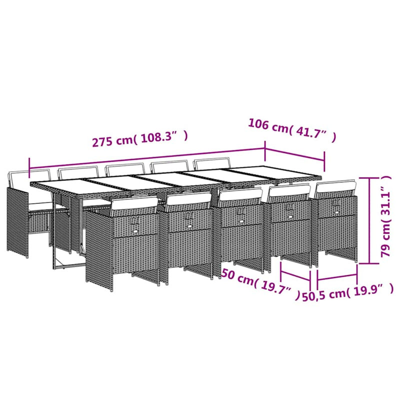 Patio Dining Set Table,, 11, 73 cm H x 275 cm W x 106 cm D, 10