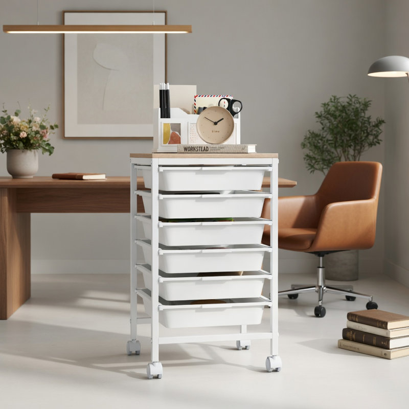  Chariot de rangement roulant à 6 tiroirs avec plateau en bois robuste, organisateur compact pour le bureau, la salle d'artisanat ou le salon, blanc et naturel