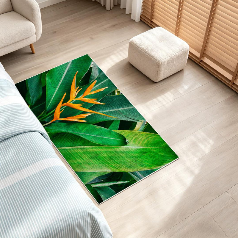 Clear Exotic Flower Dark Green Tropical Foliage Nature Plant Orange Colorful Machine Washable Indoor Area Rug