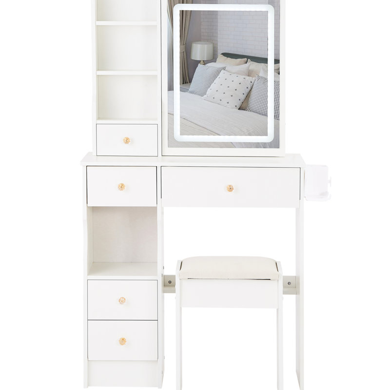 Small - Sized 29.2" Left Drawer Vanity Table And Cushioned Stool, 2 Ac+2 Sockets, Hair Dryer Holder, Large Sliding Touch Controlled Led Mirror With Three Color Switch Brightness Adjust, Suitable For