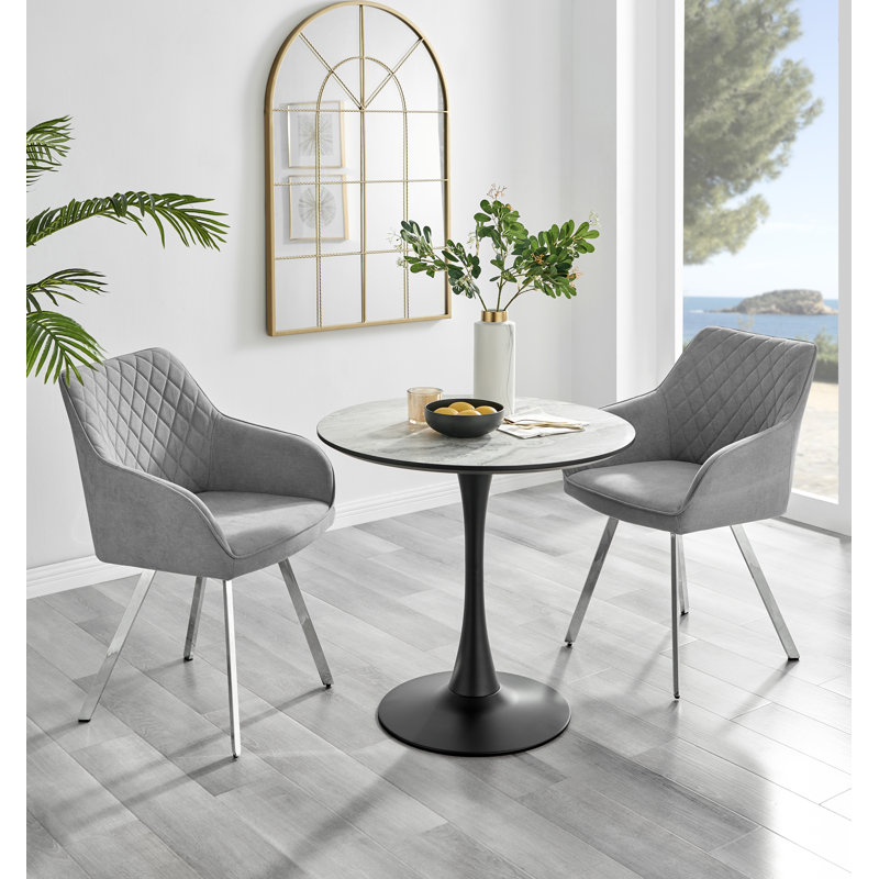 Ellis White Marble Effect Melamine Round Dining Table Set with 2 Luxury Upholstered Fabric Chairs, Light Gray/Silver