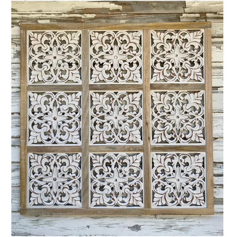 Décoration murale en bois sculpté 9 panneaux Marrakech, art mural en bois de manguier blanc délavé
