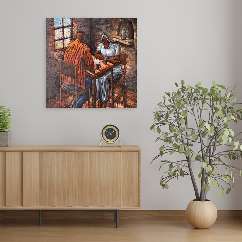 «Quiet Coffee Moment», art mural contemporain rustique, 32" H x 32" W