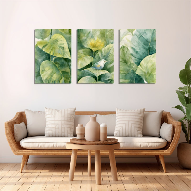 «Tropical Bird and Monstera Leaves», reproduction d'art sur toile tendue sur toile (ensemble de 3), H 18 po x l 36 po