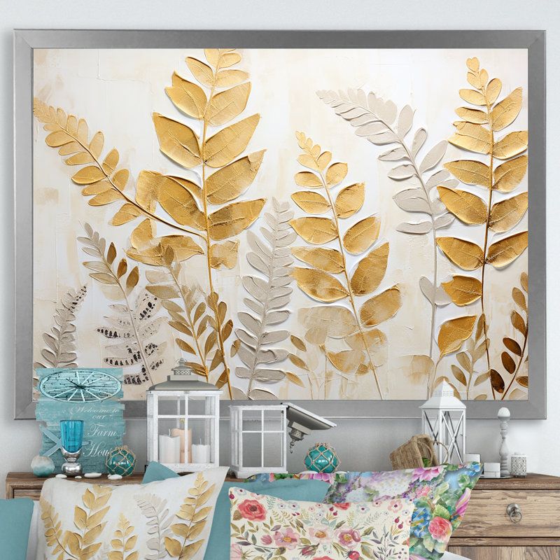 " Golden Ferns Silent Gracefulness III ", 30'' H x 40'' W, Silver Single Picture Framed