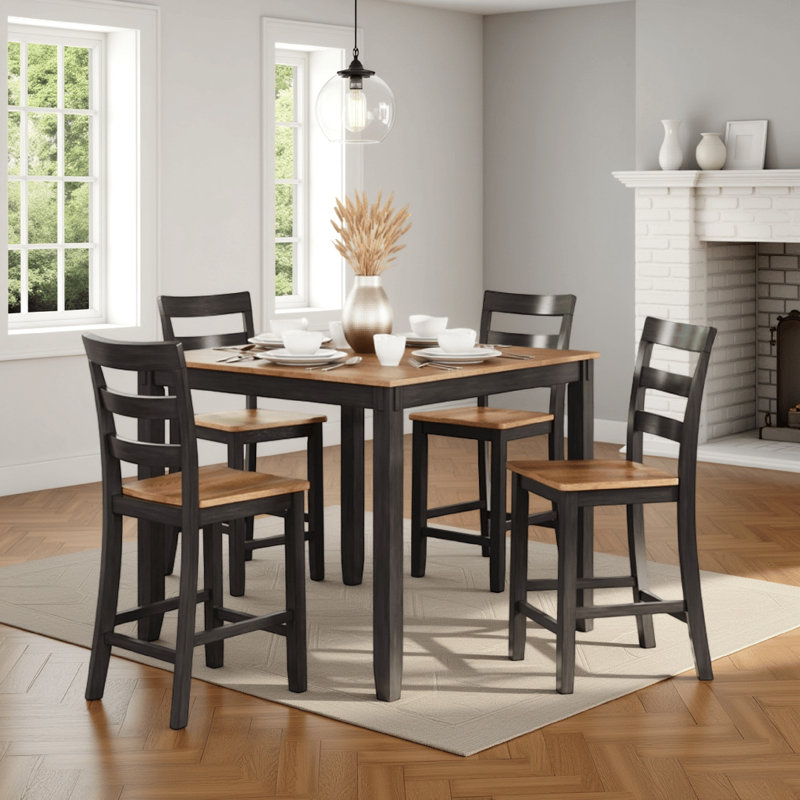 Gasy Counter Height Dining Table Set, 4 Chairs, Wood, Brown, Dark Brown