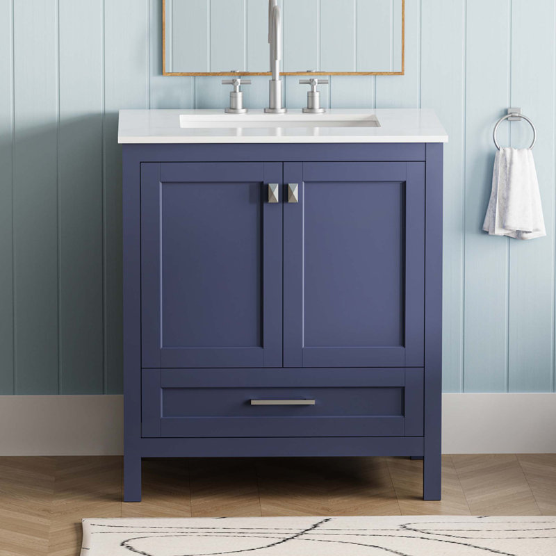 Meuble-lavabo autoportant avec lavabo, comptoir en marbre d'ingénierie Carrara avec lavabo rectangulaire encastré en céramique, grande porte de rangement à fermeture en douceur