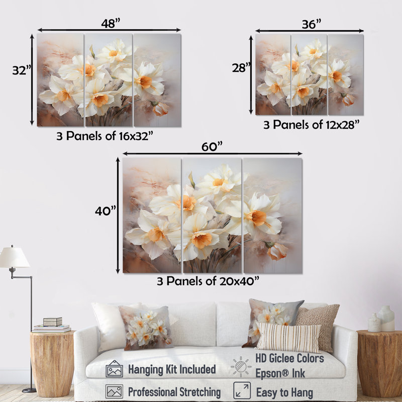 Minimalisme blanc et orange jonquilles Blossom - ensemble de décorations murales jonquilles, H 32 po x l 48 po x P 1 po