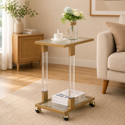 Table d'appoint LifeSky en forme de C avec roulettes pour canapé de salon: plateau à boissons coulissant en 2 secondes, plateau en verre de 17,7 pouces et amp; Acrylique - La table à collation mobile s'ajuste à votre canapé, lit ou balcon