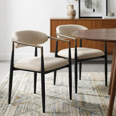 Ensemble de deux fauteuils de salle à manger rembourrés en tissu beige et noir