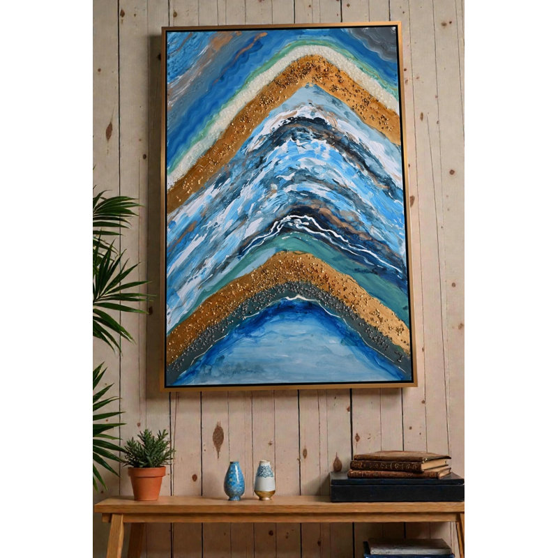 «Silence Geode», peinture sur toile abstraite encadrée or bleu 61 po x 41 po